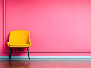 Yellow chair against vibrant pink wall with wooden flooring, creating bold and modern interior design aesthetic