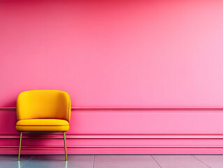 Vibrant yellow chair sits against bright pink wall, creating bold and cheerful contrast in modern interior design