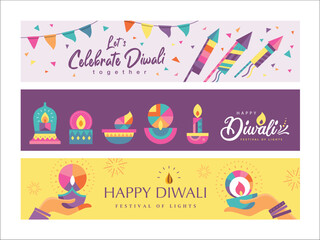 Set of happy Diwali Hindu festival posters design with colorful oil lamps, lanterns, fireworks and gift icons.
