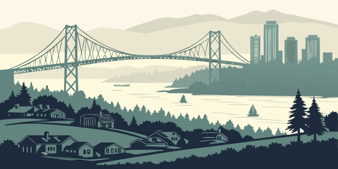 Scenic Landscape with Suspension Bridge and