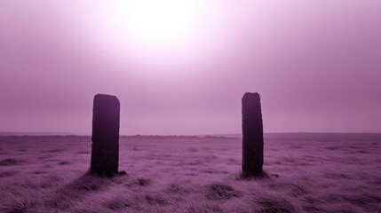 Mystical standing stones under a lilac sky evoke ancient mysteries and solitude