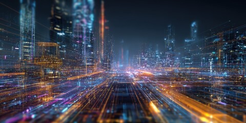 A vibrant, futuristic cityscape illuminated by colorful lights and dynamic lines, suggesting movement and advanced technology.