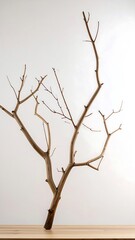 A minimalist still life composition of a dried, light brown branch against a plain white backdrop, showcasing its intricate structure and elegant form.