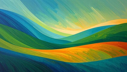 A vibrant landscape painting showcases rolling hills in a palette of blues, greens, yellows, and oranges.