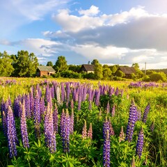 A sun-drenched field of vibrant lupines, with rustic farm buildings in the background, creating a peaceful and picturesque summer scene.