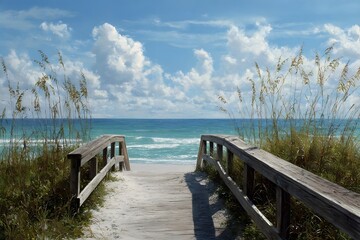 Wooden boardwalk leading to beach with blue ocean and white clouds in the sky.