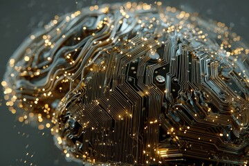 A futuristic representation of a brain with intricate circuit patterns and sparkling elements, symbolizing advanced technology and artificial intelligence.