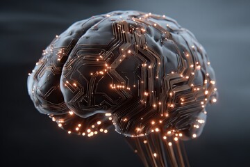 A futuristic depiction of a brain integrated with circuitry and glowing connections, symbolizing artificial intelligence and technology.