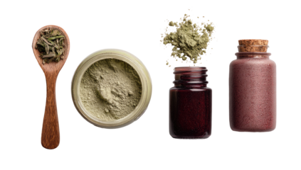 Natural beauty products, possibly herbal remedies, displayed in containers.  A wooden spoon holds dried herbs, a light green powder is in a jar, and a deep red powder/liquid is in a separate jar