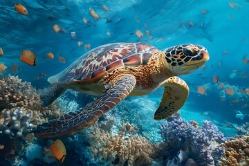 Obraz premium Sea turtle swims among colorful corals.