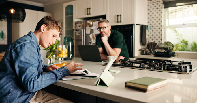 Calculator, education and student boy in kitchen with remote work dad for development or startup. Learning, maths and small business with father and son in apartment for project or study assignment - Powered by Adobe