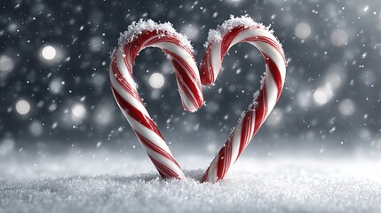 Heart-shaped red and white candy canes on fresh snow — festive Christmas winter background, peppermint holiday sweets still life, cozy seasonal décor, copy space for greeting cards, posters, packaging