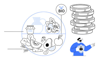 Bio-labeled fruits, vegetables, and preserves highlighting sustainability beside stacked coins and pointing figure. Ideal for sustainability, organic farming, economy, financial growth, eco-friendly