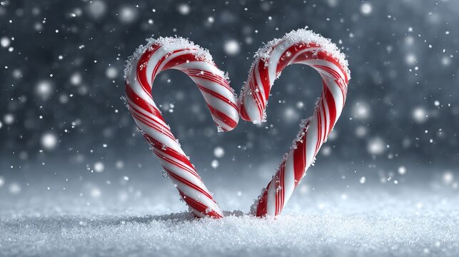 Heart-shaped red and white candy canes on fresh snow — festive Christmas winter background, peppermint holiday sweets still life, cozy seasonal décor, copy space for greeting cards, posters, packaging - Powered by Adobe