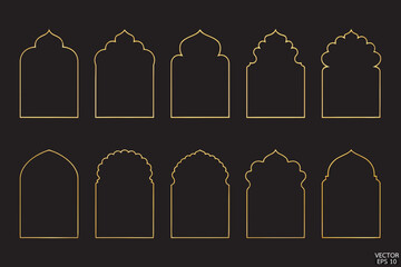 Simple golden arab arch geometric frames are isolated on black background. Luxury arabic islamic  borders for invitations, templates, and decorative patterns.  3D vector illustration.