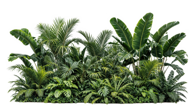 Green leaves of tropical plants bush (Monstera, palm, fern, rubber plant, pine, birds nest fern) floral arrangement isolated on transparent background . PNG, cutout, or clipping path.	
