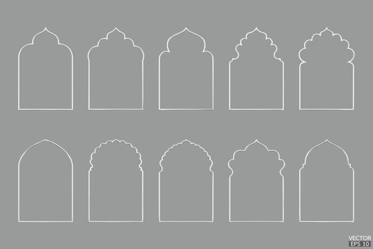 Simple stainless arab arch geometric frames are isolated on gray background. Luxury silver metallic arabic islamic borders for invitations, templates, and decorative patterns. 3D vector illustration.
