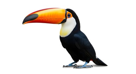 Naklejka premium Vibrant toucan with iconic oversized orange beak stands proudly against white background