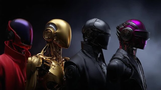Four humanoid robots with glossy helmets in red, gold, black, and purple stand in a row.