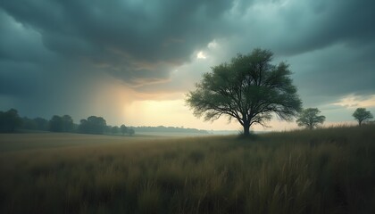 A dramatic landscape with tall grass and wind-swept trees during a stormy evening, dark clouds filling the sky.