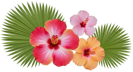 Isolated Hibiscus flowers and palm leaf
