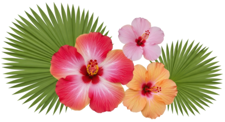 Isolated Hibiscus flowers and palm leaf
