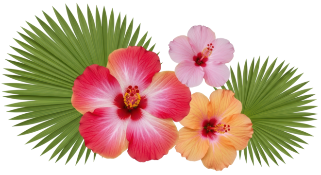 Isolated Hibiscus flowers and palm leaf