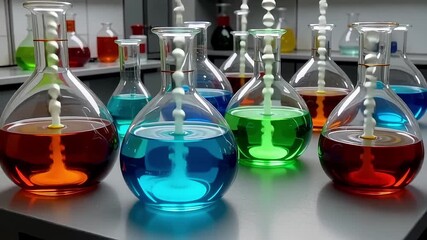 Colorful chemical liquids in laboratory flasks on a table, science experiment - Powered by Adobe