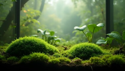Lush, green terrarium filled with moss, illuminated by soft, diffused light, creating a serene and tranquil indoor environment.