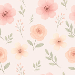 Elegant seamless floral pattern in soft pastel colors, designed in a delicate watercolor style. Features blooming flowers and leaves, perfect for textiles, wrapping paper, stationery, invitations.