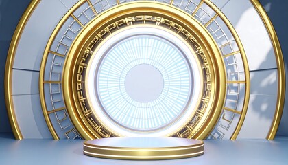 Fototapeta premium Futuristic Golden Stage with Glowing Center and Circular Architectural Design