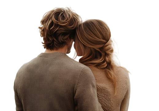 a couple in a back view, with a woman and a man embracing, on a transparent background.