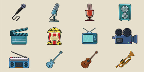 Set of Entertainment Icon line color vector illustration template graphic design. bundle collection of various media equipment or hobby item sign or symbol for music audio and leisure activities