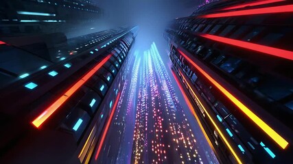 A futuristic city at night with towering neon-lit skyscrapers and colorful light trails streaming upward. - Powered by Adobe