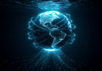 Glowing blue Earth with visible continents surrounded by orbiting lines and connected to a network of light streams below.