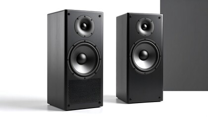 Obraz premium Two black speakers against a gray background