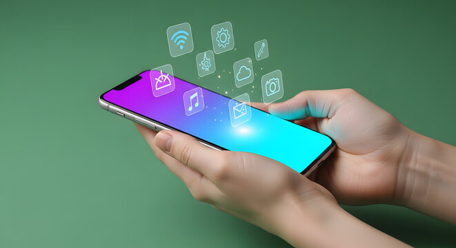 Innovative smartphone applications and digital connectivity icons floating above a mobile device held by a person against a solid green background, symbolizing modern technology and communication