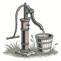 Vintage hand water pump drawing water into a wooden bucket with grass and wheat stalks