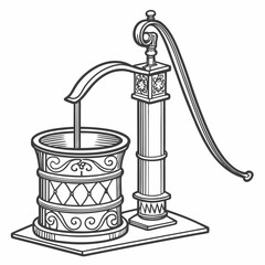 Vintage hand water pump drawing with ornate well bucket and flowing water in a classic style