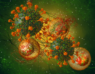 Medical conceptual basis, dangerous pathogenic influenza virus, covid, coronavirus, viruses causing serious diseases of the body, attack of viruses on healthy cells, 3D rendering