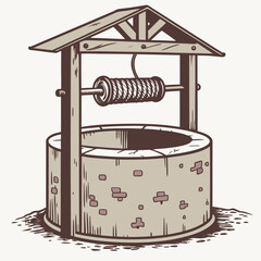 Vintage illustration of a stone well with a wooden roof and a rope and pulley system