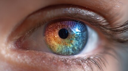 A close-up view of a human eye reveals striking colors of blue and orange, highlighting vibrant patterns and textures that make it visually captivating and unique