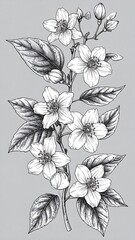 Detailed illustration of a jasmine flower branch with blossoms and leaves against a light gray background.