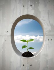 A small plant sprouts from the earth within a large archway of light gray concrete, offering a glimpse of a vibrant blue sky dotted with fluffy white clouds.