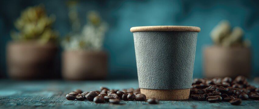 Gray paper coffee cup sits on wood near coffee beans and blurred plants - Powered by Adobe