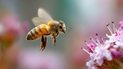 A honey bee is captured mid-flight as it approaches a cluster of delicate pink flowers in a bright garden. Sunlight illuminates the bee's wings and fuzzy body