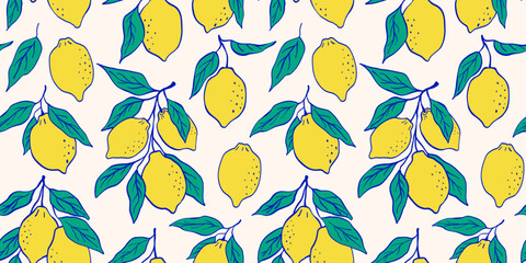 Pattern with lemons, leaves, branches. Summer fruits doodle vector illustration. Botanical background with blue print.