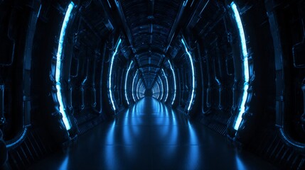 Futuristic dark tunnel with glowing blue neon lights and reflections