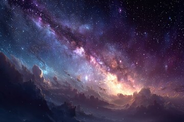 Fototapeta premium A vibrant cosmic seascape, clouds meet a swirling galaxy of purples, pinks, and golds