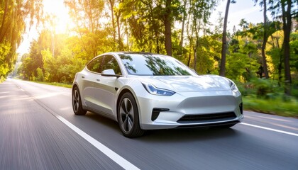 Electric car captured with dynamic motion, professional photography, no distortion, clean colors